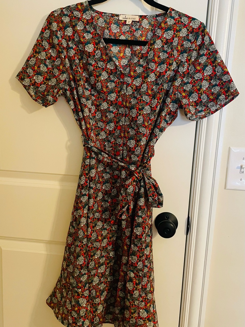 Cedar and Gold Red ground, all over Floral Midi Shirt Dress with tie waist
